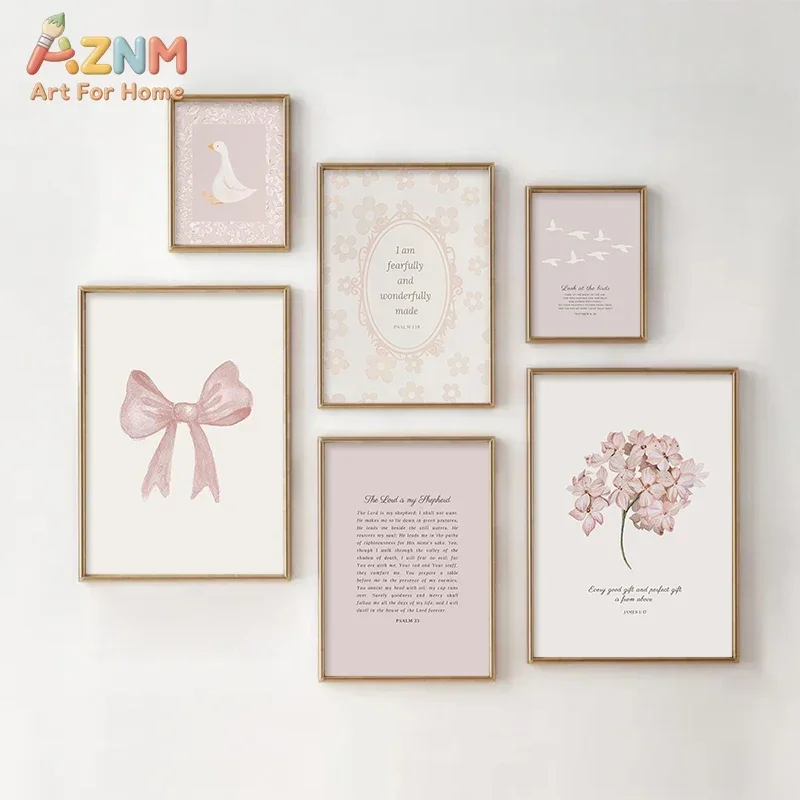 AZNM Pink Bow Floral Duck Canvas Wall Art, Bible Verse Scripture Soft Pastel Nursery Art Print, Unframed Canvas Painting for Gir