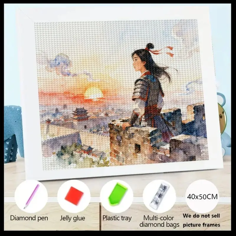 

1PC 5D DIY Full Drill Diamond Painting Kit, Mulan Style Ancient Chinese Warrior Woman on Great Wall at Sunset, Crystal Gem Paint