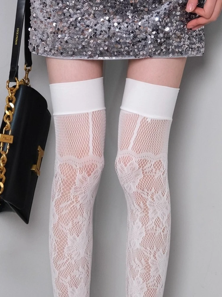

New Print White Long Socks Women Wide-banded Sexy Fishnet Thigh High Stockings Sweet Lace Jacquard Transparent Over Knee Socks