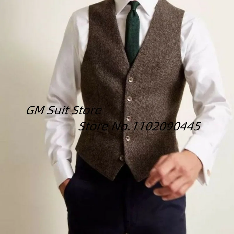 

Men's Suit Vest Wool Blend Elegant Business Sleeveless V-Neck Single Breasted Slim Herringbone Solid Jacket For Weddings 2023