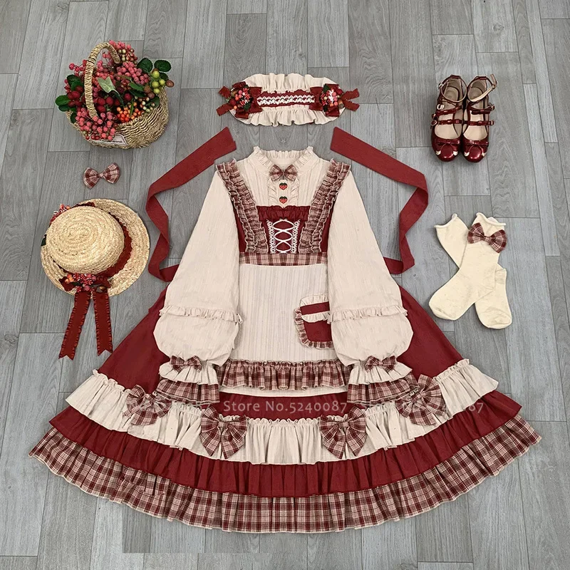 Japanese Anime Lolita Princess Elf Dress Berry Girls Bow Plaid Palace Cosplay Costumes Carnival Party Comics Performance Outfits