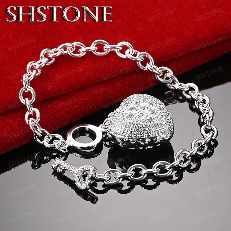 

Noble 925 Sterling Silver Heart/Key Bracelet Fashion Design Jewelry For Ladies' Birthday Engagement Gifts Party Accessories