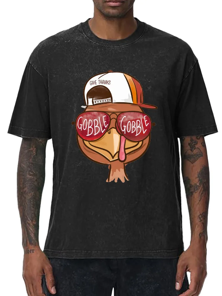 

Give Thanks Gobble 230g Heavy Cotton Washed Oversized T-Shirt for Men Thanksgiving Graphic Tee Retro Casual Top