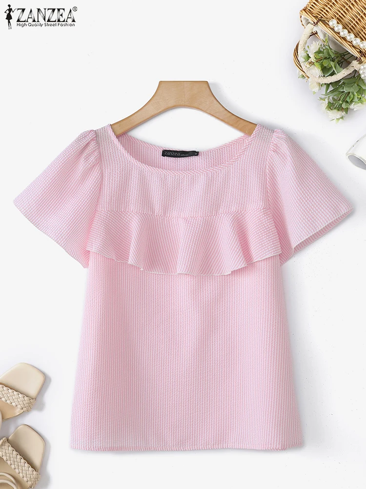 ZANZEA Striped Blusas Women Ruffled Tops Vintage Short Sleeve Blouse Casual O Neck Tunics 2025 Summer Bohemian Pullove S-3XL