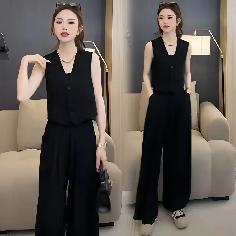 New Elegant Summer Two Piece Set Women High End Office Lady V-neck Sleeveless Vest + Wide Leg Pants Sets Women's Suit Fashion