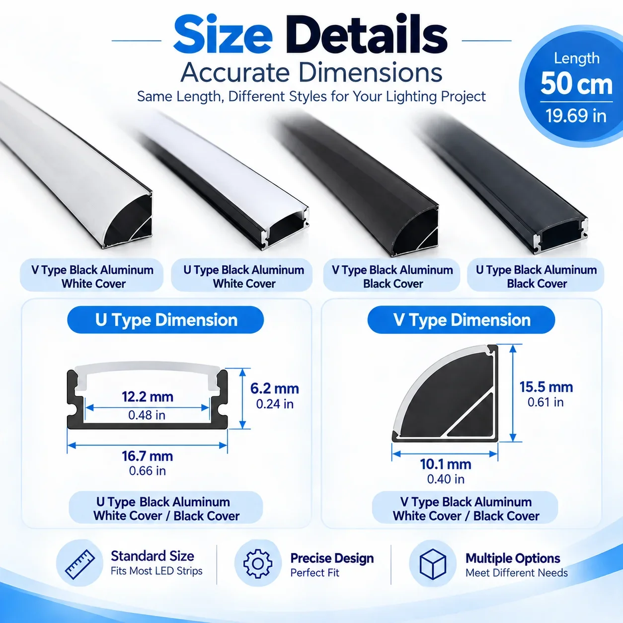 1-30Pcs/lot LED Aluminum profile 0.5m/pcs U/V shape Corner for 5050 2835 LED Strip Bar Lamp channel Holder White/Black Cover