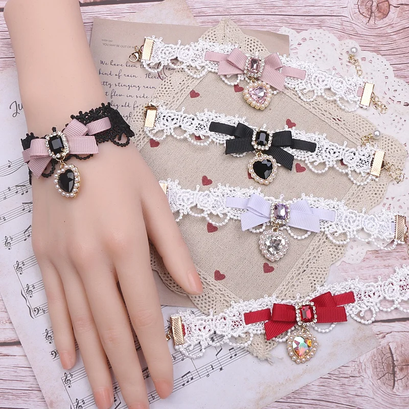 สร้อยข้อมือลูกไม้Lolitaสไตล์Bowknot Rhinestoneผู้หญิงจี้หัวใจหวานCool Y2KสาวHandmadeสร้อยข้อมือ