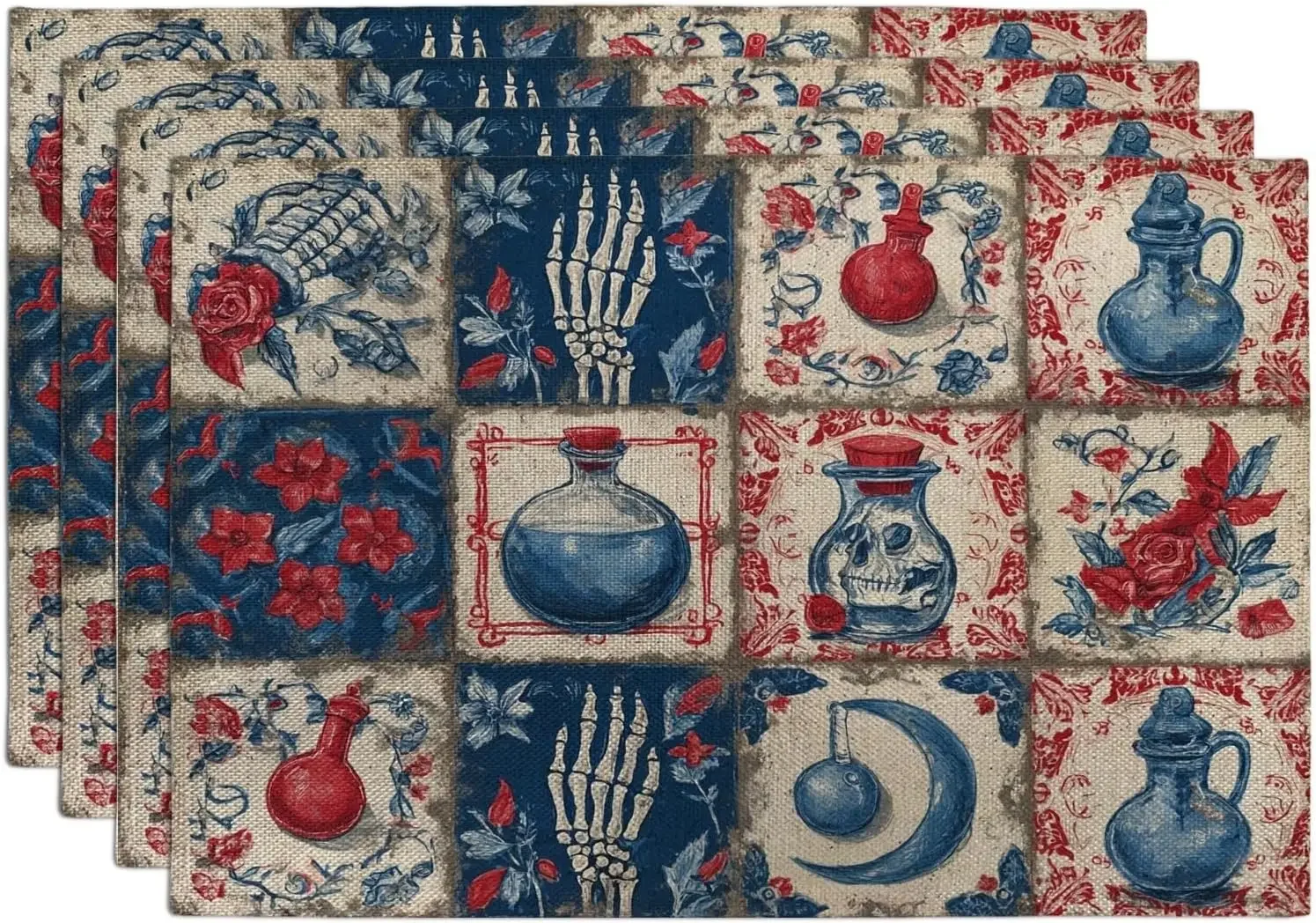 Vintage Red Blue Floral Placemats, Rustic Country Decorative Place mats for Dining Table, Non-Slip Washable Indoor Gathering