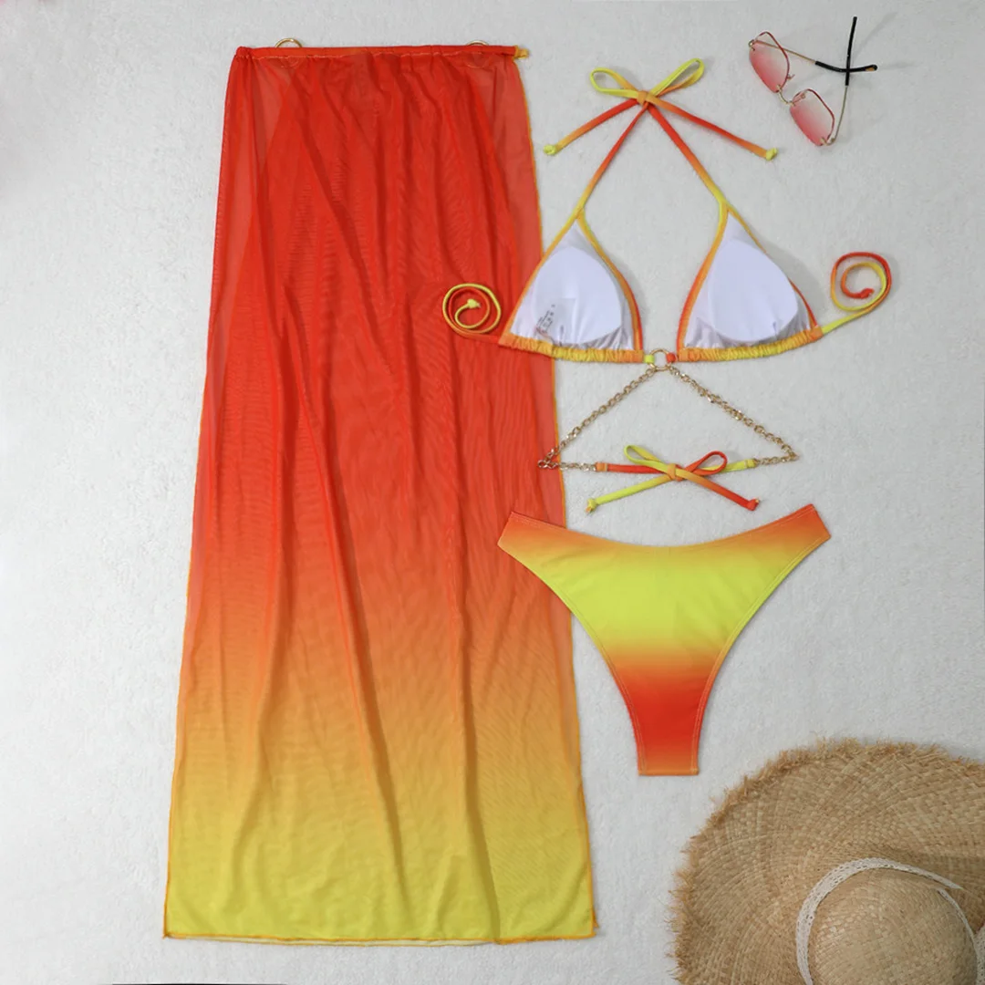 Sexy mit Überwurf, Farbverlauf, Neckholder-Bikini, Damen-Badeanzug, dreiteiliges Bikini-Set, Damen-Bademode, Badeanzug, Badebekleidung, Schwimmbekleidung V5369 – Detail 21