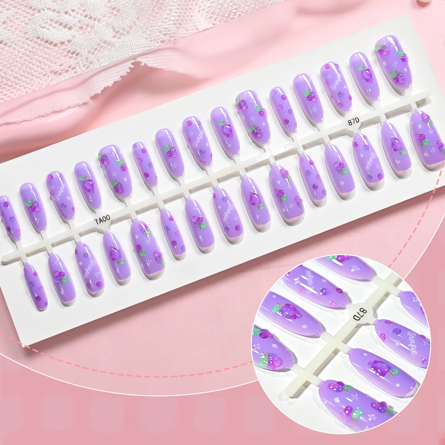 30 Stück Gradient Lila Trauben Press-On-Nägel Erdbeer-Pfirsich-Apfel-Print Lange Ovale Künstliche Nägel Sommer Tragbare Falsche Fingernägel TD