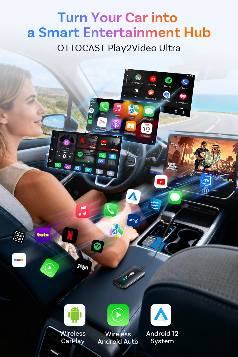 OTTOCAST Play2Video Ultra Video Box 3-in-1 Kabelloser CarPlay Android Auto Adapter mit Integriertem YouTube Netflix IPTV für 98% aller Autos – Detail 1