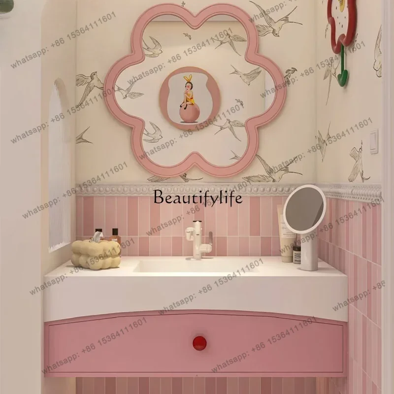 

12French bathroom cabinet pink solid rubber wood paint bathroom washstand rock slab seamless basin
