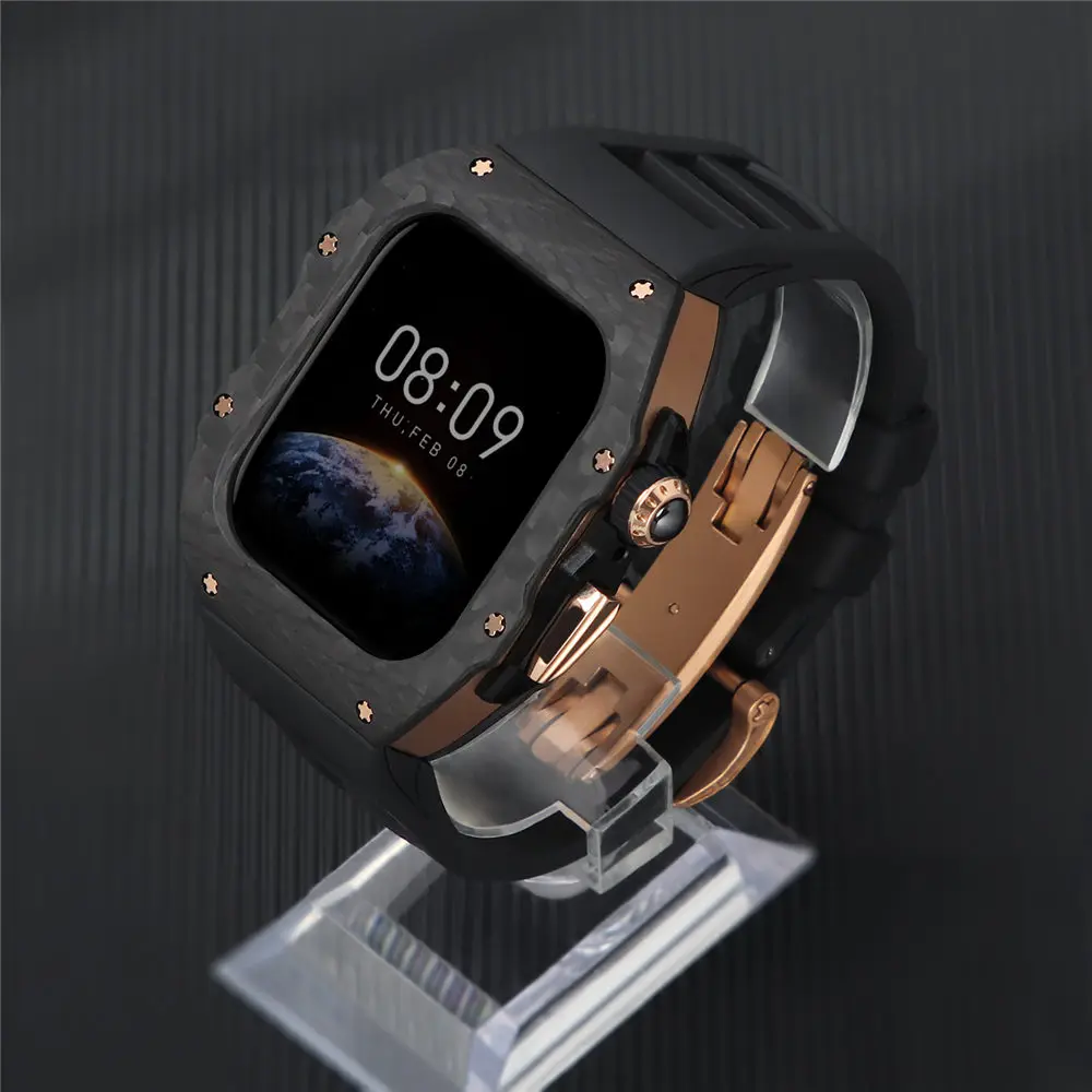 

AP Mod Kit Real Carbon Fiber Case for Apple Watch Series 10 46mm 42mm Butterfly Buckle Fluororubber Band Strap