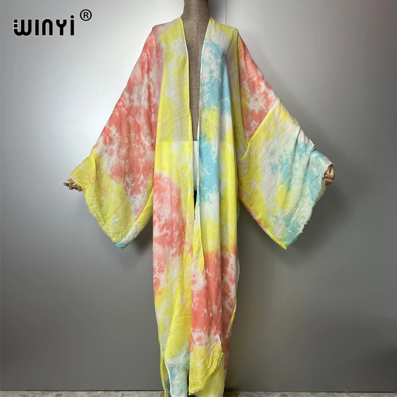 

WINYI bohemian kimono tie-dye print Women coat Loose Long coat beach Holiday Swimming Cover Up party dresses luxury dubai abaya