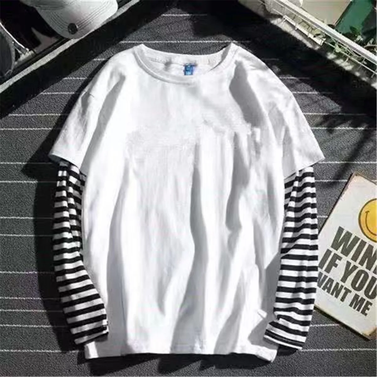 Neue Harajuku Schwarz-Weiß Gestreifte Y2K Langarm-T-Shirts in Unifarben für Herren und Damen, Herbst, Fake-Zweiteiler, Langarm, Locker Sitzend – Detail 1