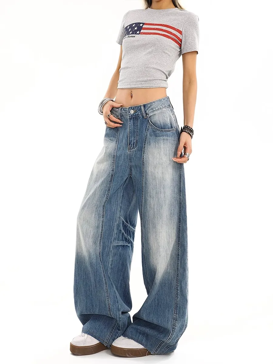 

Blue Women's Jeans Hip-hop Fashion Vintage Streetwear Y2K Wide Leg Jean High Waist Trouser Classic Baggy Denim Pants