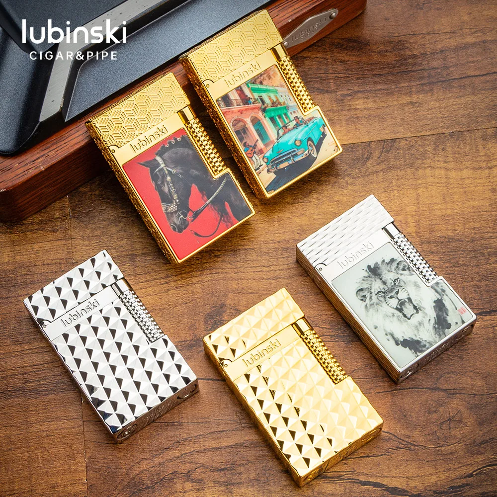 Lubinski Luxury Cigar Lighter - Solid Brass, Dual Flame (Soft & Jet), Gift Set with Leather Pouch & Flints
