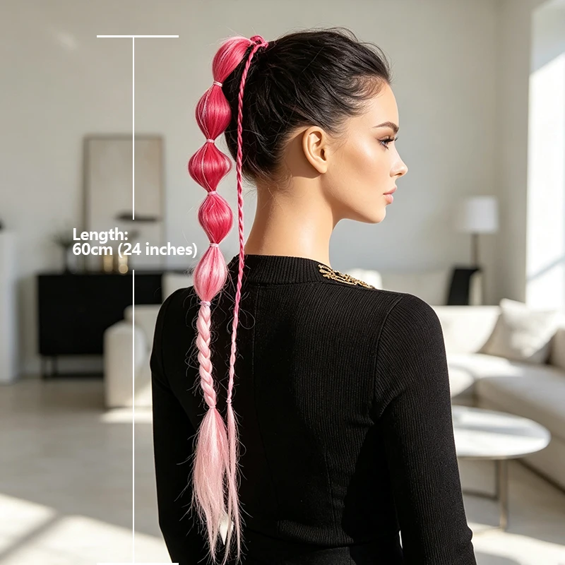 Synthetic Bubble Braid Ponytail Wig, Tinsel Glitter Braided Hair Extension With Elastic Rubber Band Colorful Festival Hairpiece