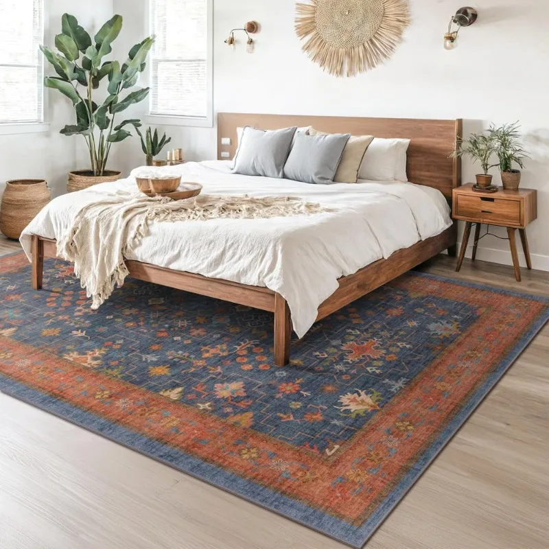 سجادة منطقة 8 × 10 قابلة للغسل باللون الأزرق الداكن، سجادة منخفضة الكومة غير قابلة للانزلاق من المطاط المقاوم للبقع، سجادة ديكور بوهو لغرفة المعيشة وغرفة النوم #6