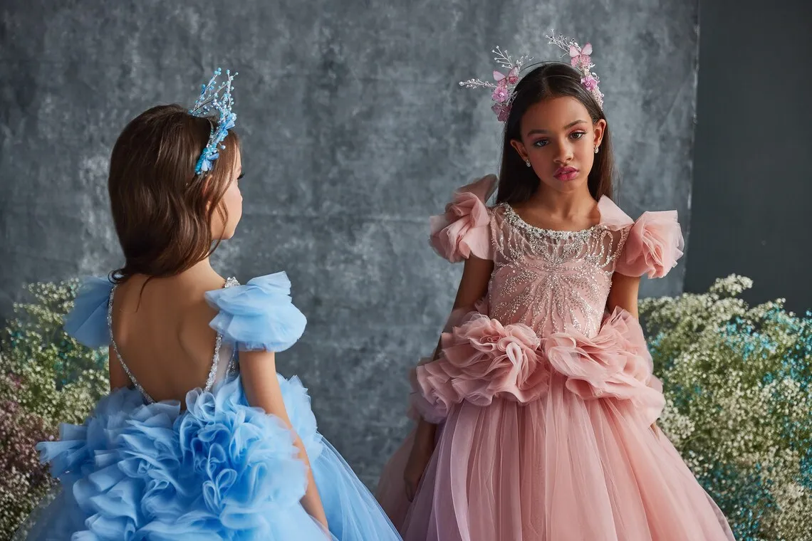 Vestido de flor frisado com babados longos, Vestido sem encosto de tule para aniversário, festa de casamento, vestido de baile para meninas, requintado