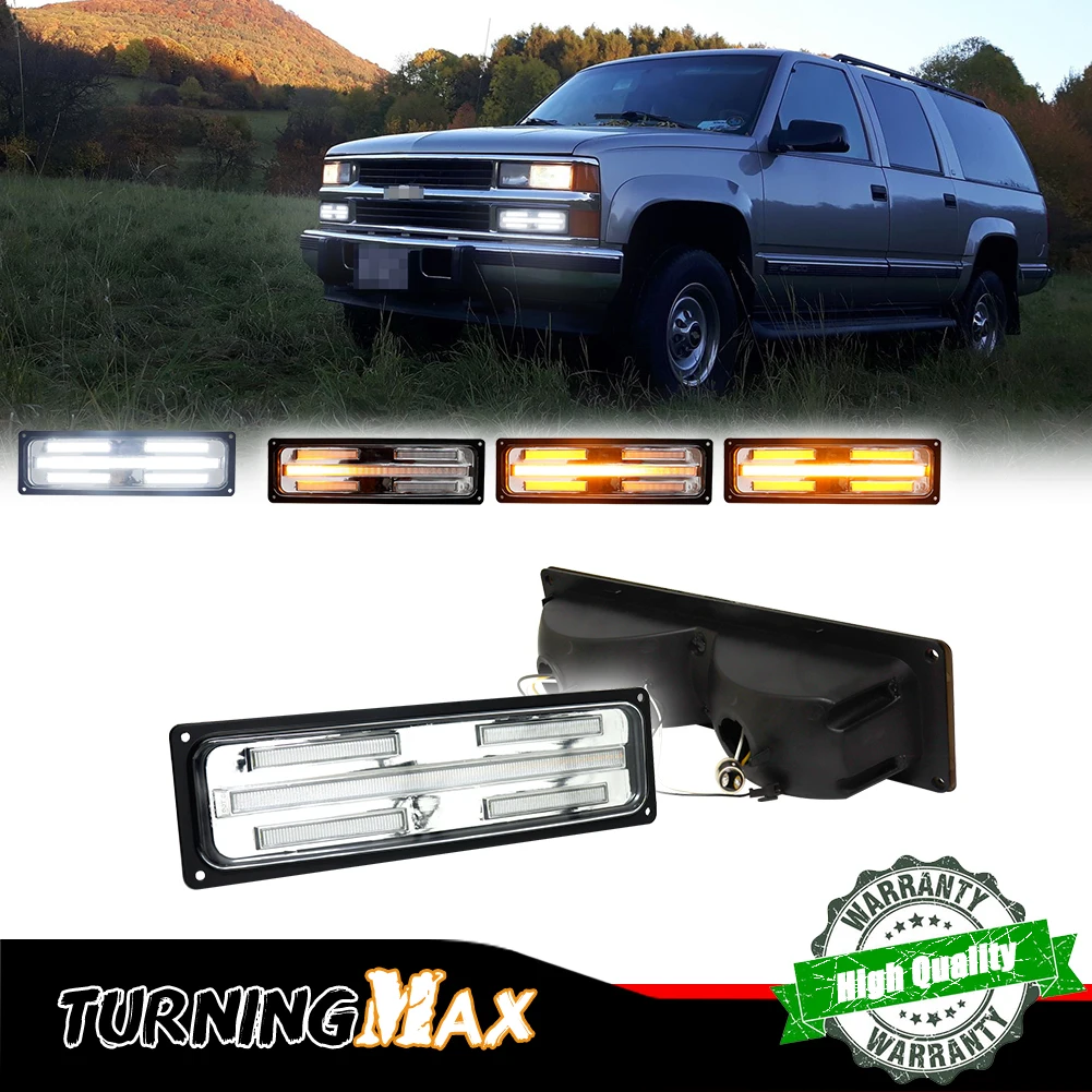 For GMC Suburban Yukon, For Chevrolet C/K 1500/2500 Tahoe Silverado Front Bumper Sequential Amber Turn Signal Light w/ White DRL