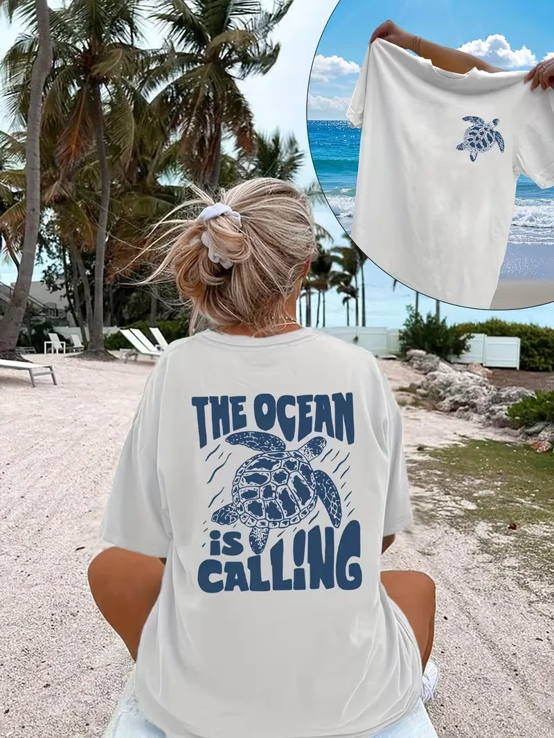 Fashion Women T Shirt The Ocean Is Calling Turtle Printed Short Sleeve Crew Neck Soft  Eco Friendly Casual Summer Top