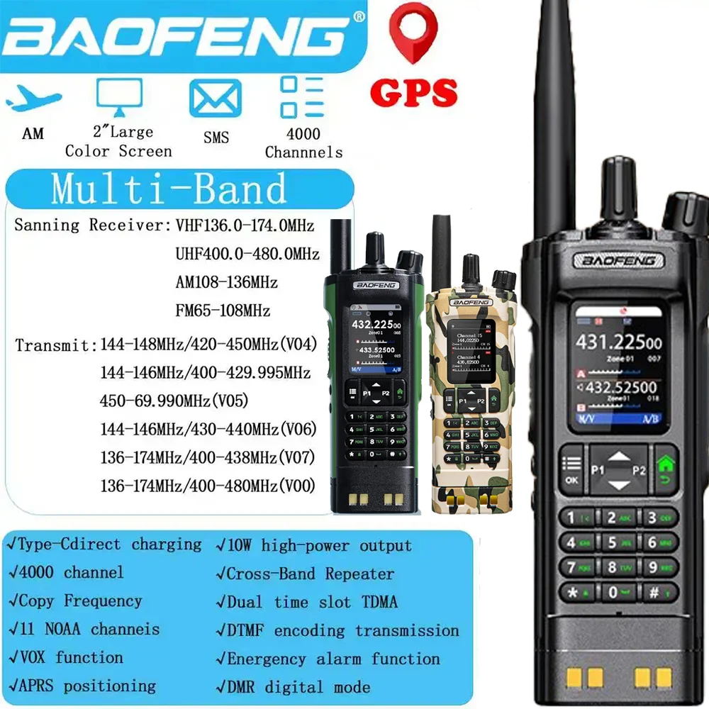 BAOFENG DM-32 10W Dual Band Walkie Talkie Long Range GPS NOAA APP Write Frequency 2500mAh Type-C