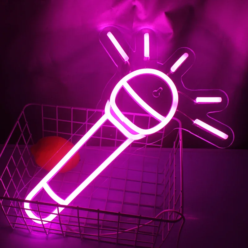 

HOT SELL Neon Sign LED Microphone Design Pink Neon Night Lamps USB With Switch Wall Art Hanging Light For Shop Home Room Deocr