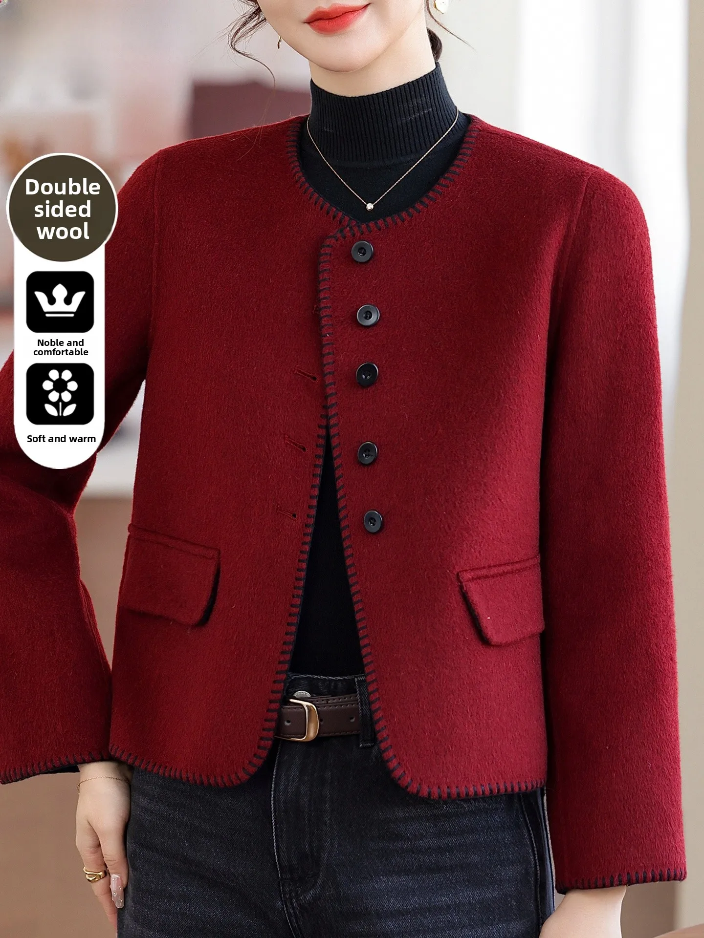 

Double-Sided Camere Woolen Coat for Women Red Luxury Sle Loose Fit Warmth Daily Wear Autumn Winter Faion Outerwear