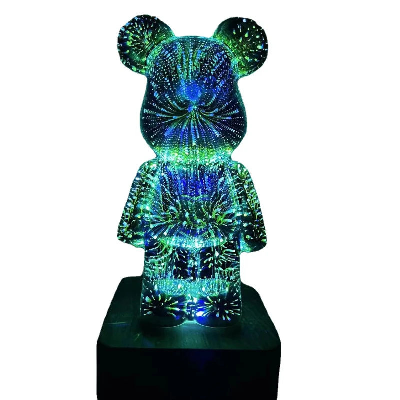 Fireworks Night Light 3D Bear Glass Led Lamp Room Decor Atmosphere Colorful Lights for Coffee Bar Bedroom USB Wood Base Lighting