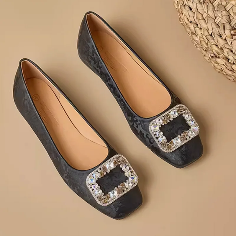Women New Arrivals Printed Flowers Flats Designer Luxury Diamond Buckle Slip-On Green Pinkish Gold Shoes Square Toe 33 498 47 46