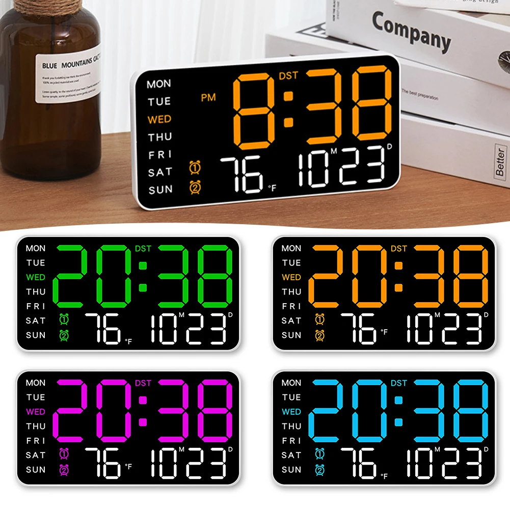 USB Powered Voice Control Digital Wall Clock LED Display with Dual Alarms Temperature Date/Week Adjustable Brightness for Home