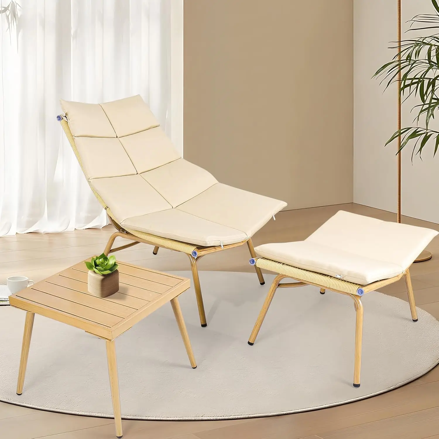 

Chaise Lounge Chair with Ottoma and Table for Outdoor Indoor Wood-Color Anti-Rust Metal Alloy Frame Lazy Chiars 380lbs