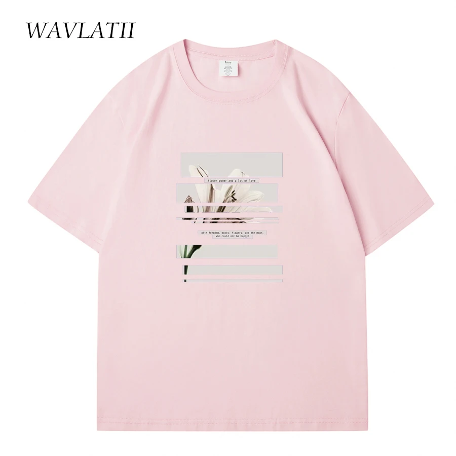 WAVLATII New Women Cotton T shirts Female White Flower Printed Tees Lady Dark Grey Casual Short Sleeve Tops for Summer WT2316