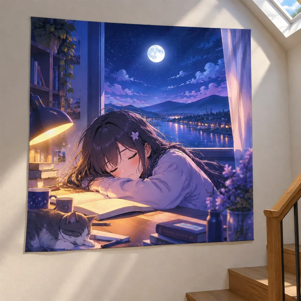 VIKAMA Sleeping Study Girl Anime Tapestry Wall Hanging, Aesthetic Cozy Anime Room Decor Tapestries for Bedroom Study Living Room