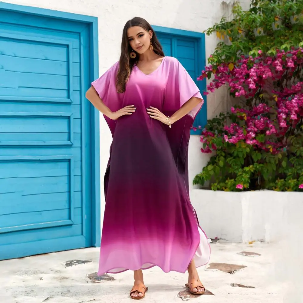 Summer Resort Wear Stylish Beach Cover Up Dresses V-neck Short Sleeve Loose Fit with Side Slit Gradient Color Vacation Travel