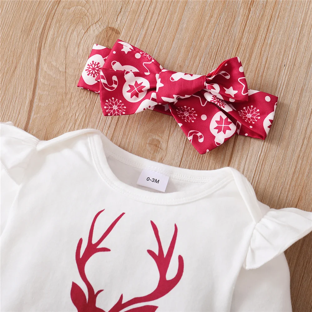 0-18 Months Baby Girl Christmas Set Reindeer Print Long sleeved Bodysuit+Suspender Skirt+Headband 3pcs Baby Girl Christmas outfi