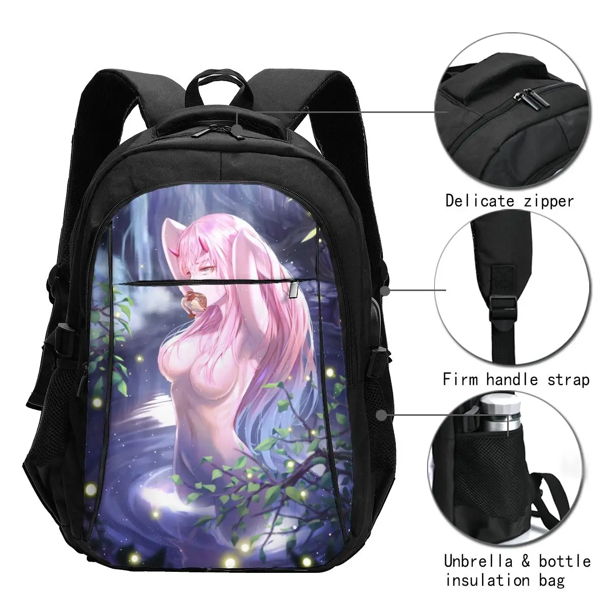 Mochila Resistente à Água com Porta de Carregamento USB, Querida na Franxx, Zero Dois, Negócios, Laptop, Saco de Faculdade