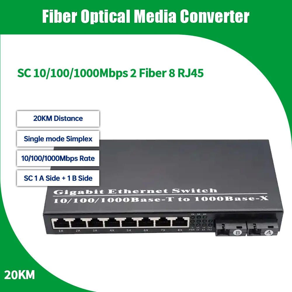 10/100/1000mbps single mode simplex 2 SC to 8 RJ45 Fiber Optical Media Converter Gigabit Ethernet switch G2F8E