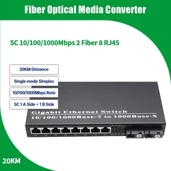 10/100/1000mbps single mode simplex 2 SC to 8 RJ45 Fiber Optical Media Converter Gigabit Ethernet switch G2F8E