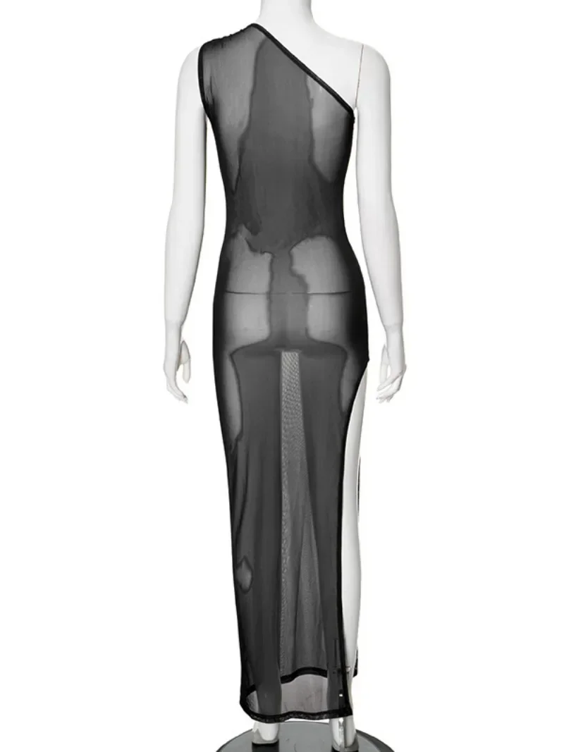 Sexy Sleeveless One Shoulder Printed See Through Mesh Dresses for Women 2024 Summer High Slit Slim Black Beach Holiday Dress