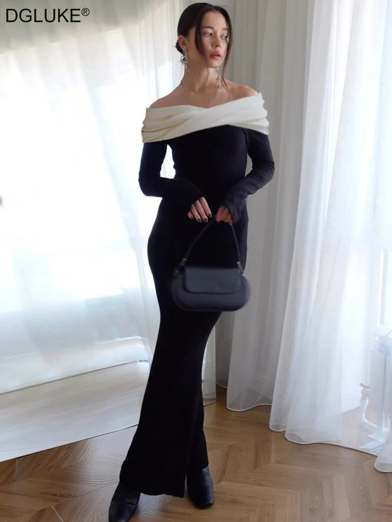 

DGLUKE Off Shoulder Long Sleeve Maxi Dress Women Fashion Contrast Black Long Dress Ribbed Bodycon Spring Fall Dresses