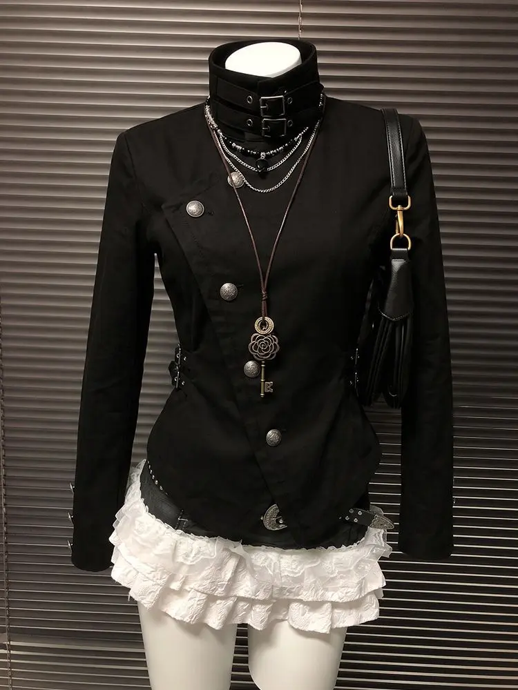 Subculture Vintage Long Sleeve Solid Jacket Irregular Button Patchwork Women Streetwear Y2k Retro Niche Coat Autumn Winter