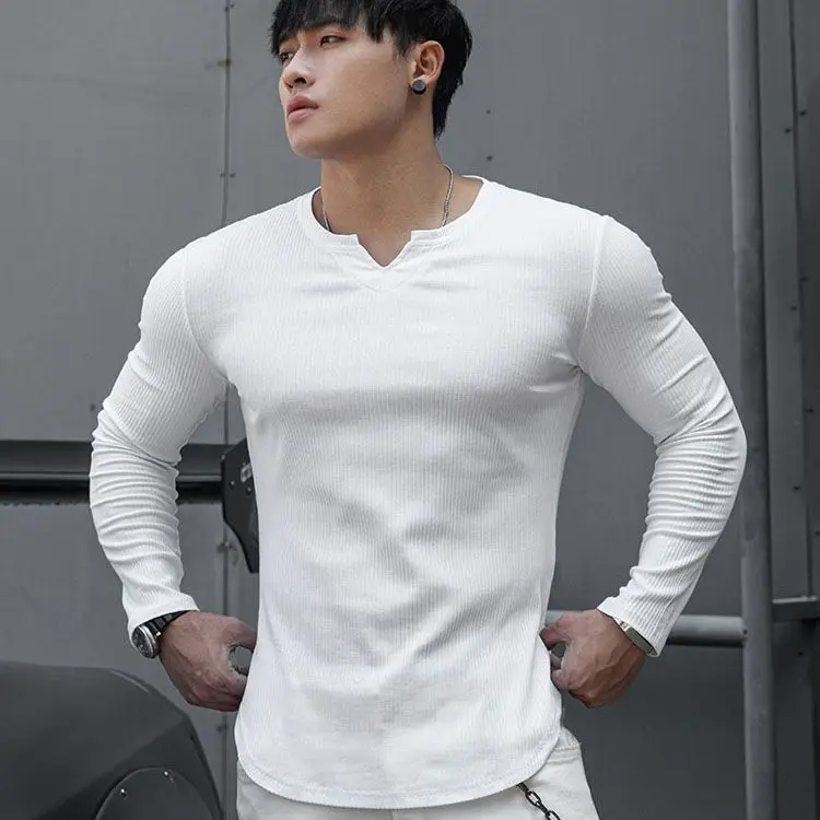 Threaded Slim Base Shirt, Long-sleeved T-shirt, Men's V-neck Solid Color Stretch Fitness Inner Wear Sports Training