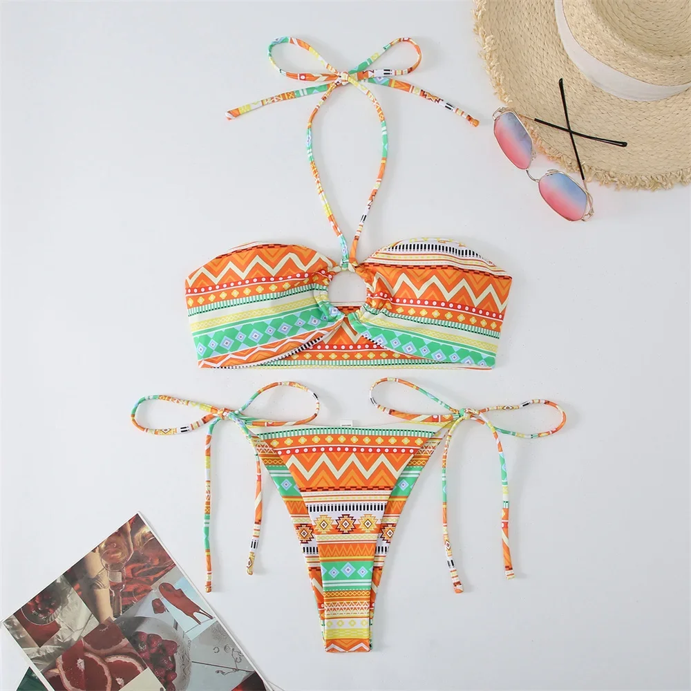 nadruk boho mikro bikini stringi stringi bandeau strój kąpielowy vintage wakacje stroje kąpielowe kobiety Trend kostiumy kąpielowe plażowe Biquini