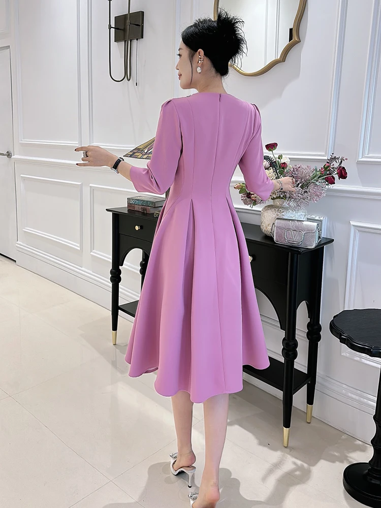 ZJYT Elegant Diamonds O Neck Simple Party Dress Women 2024 Fashion Spring Three Quarter Sleeve Aline Dresses Casual Daily Pink