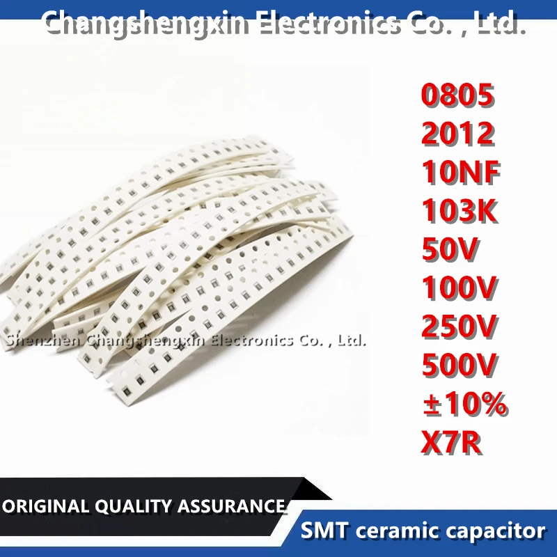 

50PCS 0805 2012 Capacitance 10NF 103K 50V 100V 250V 500V Tolerance ±10% Material X7R SMT Ceramic Capacitor MLCC