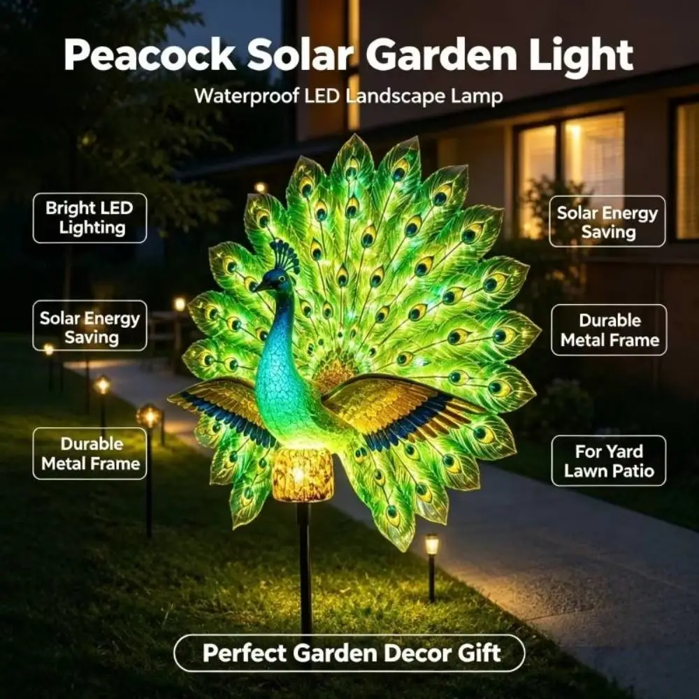 Solar Powered Solar Peacock Garden Light Glowing Tail Auto-On LED Peacock Solar Light Ornament Weather Resistant