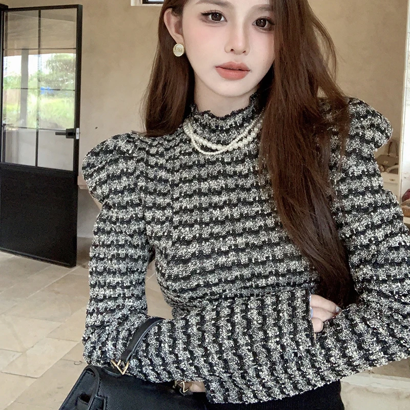 Y2K Striped Women T Shirts Korean Elegant Slim Turtleneck Female Casual Tees Autumn Puff Sleeve New Chic Ladies Crop Top