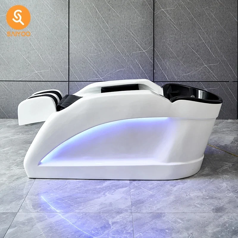 Luxury LED Shampoo Bed With Reclining Seat Black Cushion Modern Salon Spa Wash Station